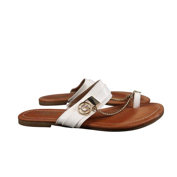 Guess Shoes Womens 7.5 Sandals Toe Ring Slides Logo Chain White Slip On Flats - Picture 1 of 10